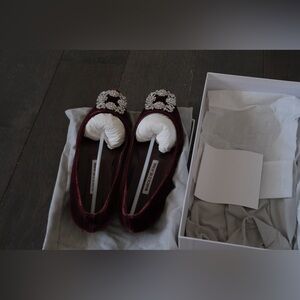 Manolo Blahnik Burgundy Velvet Flats with Crystal Buckle